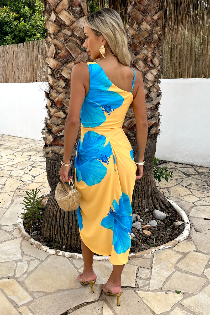 Yellow And Blue Floral Print Strap Detail Gathered Midi Dress AX Paris Yellow And Blue Floral Print Strap Detail Gathered Midi Dress AX Paris