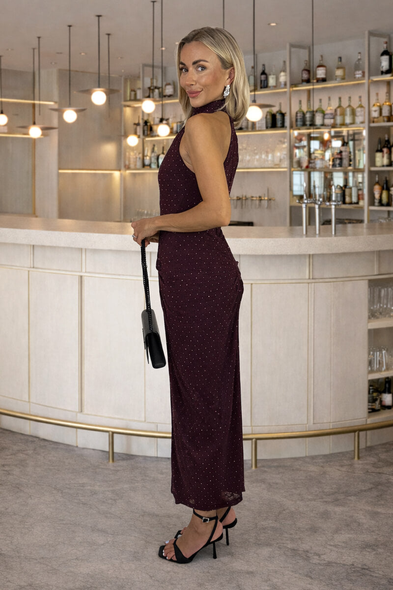 Plum Jacquard Diamante Halter Neck Knot Skirt Midi Dress 10 Plum Jacquard Diamante Halter Neck Knot Skirt Midi Dress 10