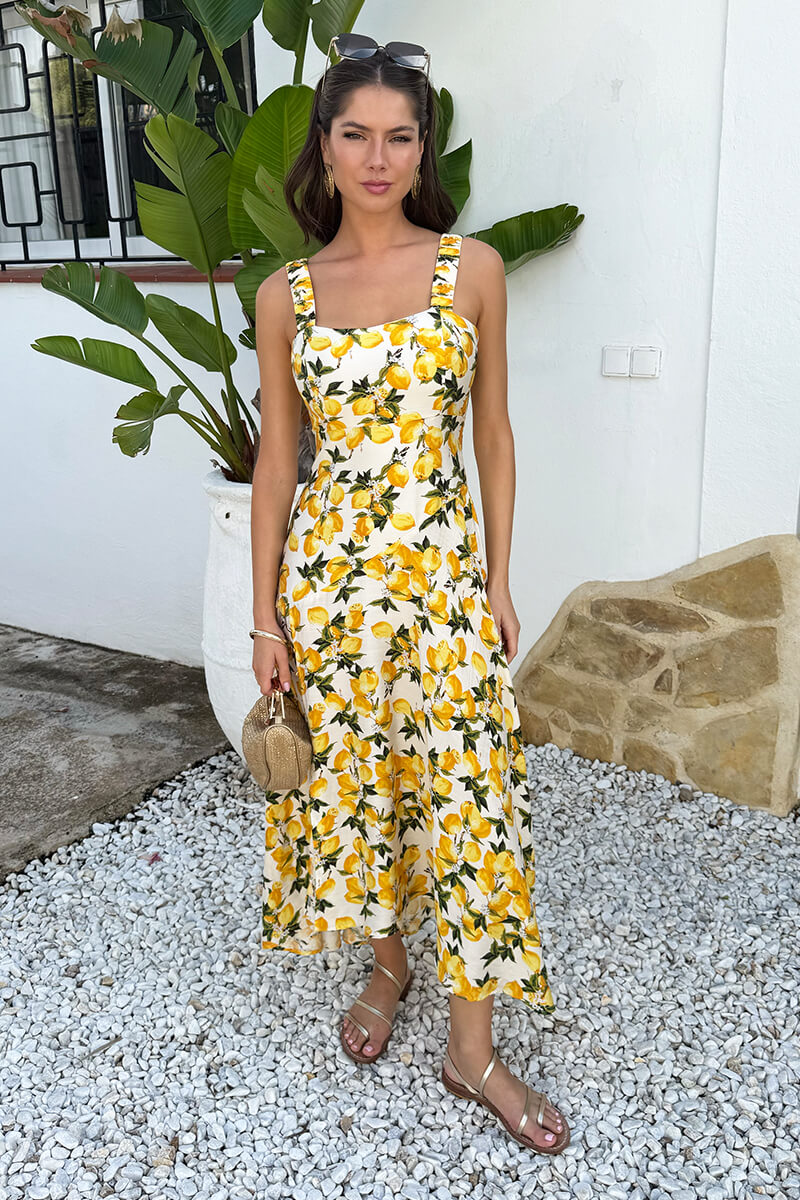 Cream Lemon Print Shirred Straps Button Detail Midi Dress  AX Paris