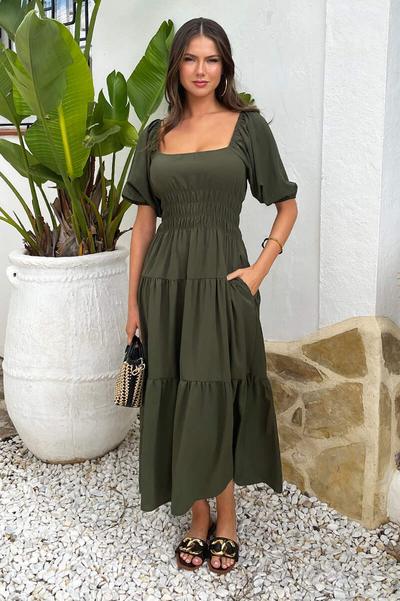 Khaki Puff Sleeve Shirred Waist Smock Midi Dress – AX Paris