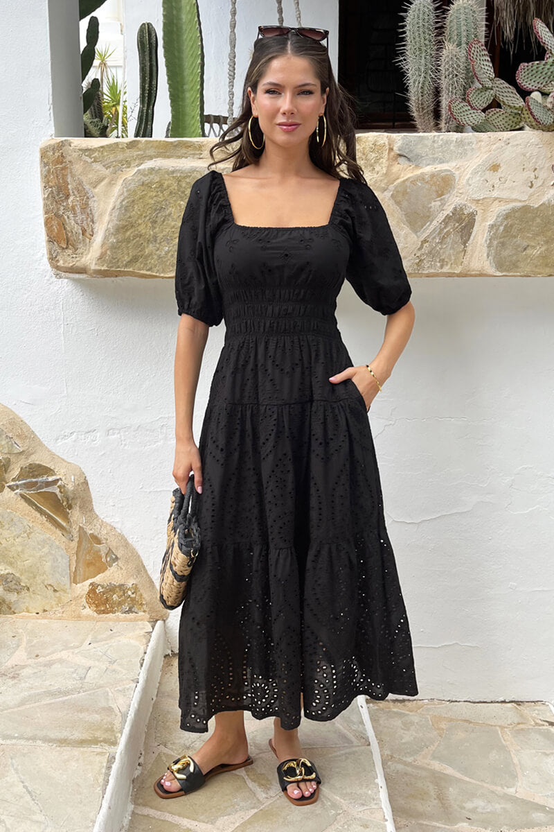tiered knit maxi dress with eyelet trim Evolutionary Eyelet Tie Front Tiered Midi Dress, Womens, Juniors, L, White