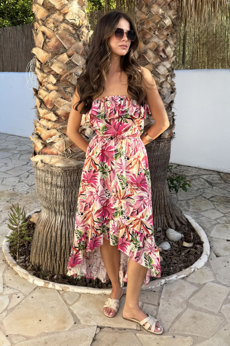 Multi Tropical Floral Print Bandeau Frill Midi Dress – AX Paris