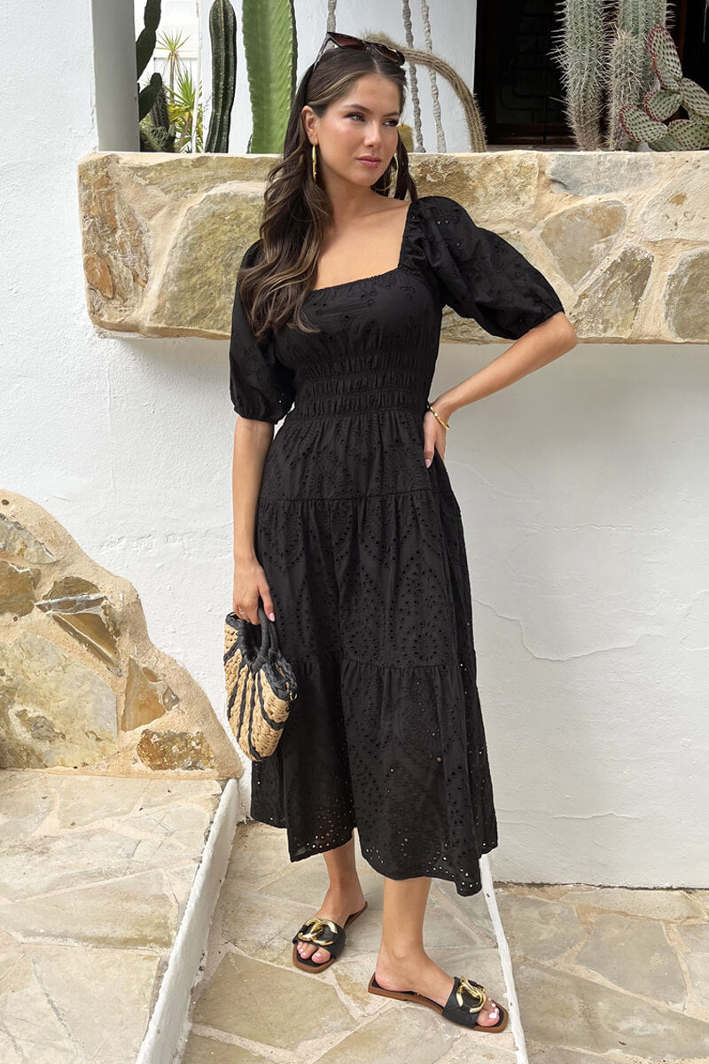Black Broderie Puff Sleeve Smock Midi Dress – AX Paris