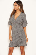 Black Ditsy Printed Frill Hem Wrap Dress