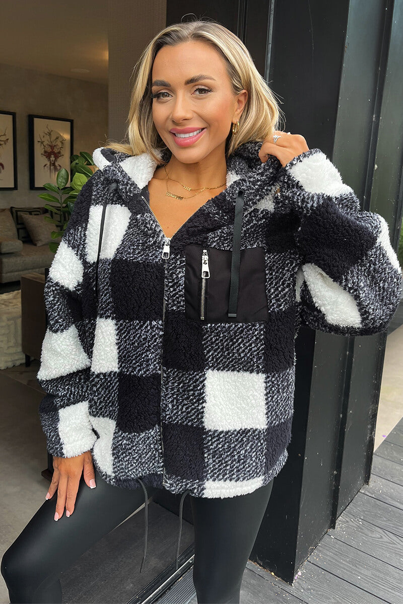 Black Check Pocket Detail Hooded Teddy Jacket – AX Paris