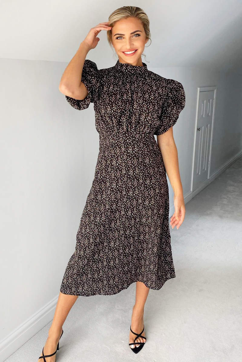 black ditsy midi dress Petal and Pup Women's Edwina Shirred Frill Long Sleeve Midi Dress