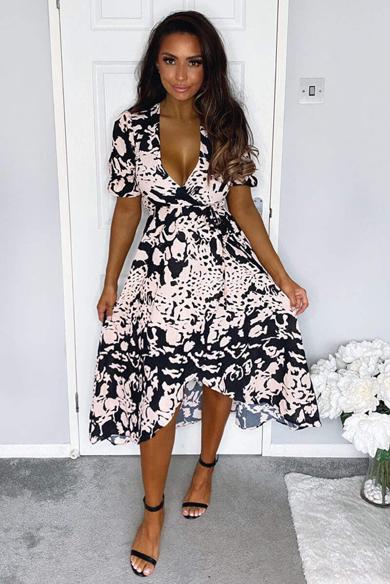 Black Nude Abstract Print Wrap Midi Dress  AX Paris