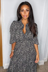 Black Printed Button Up Swing Midi Dress