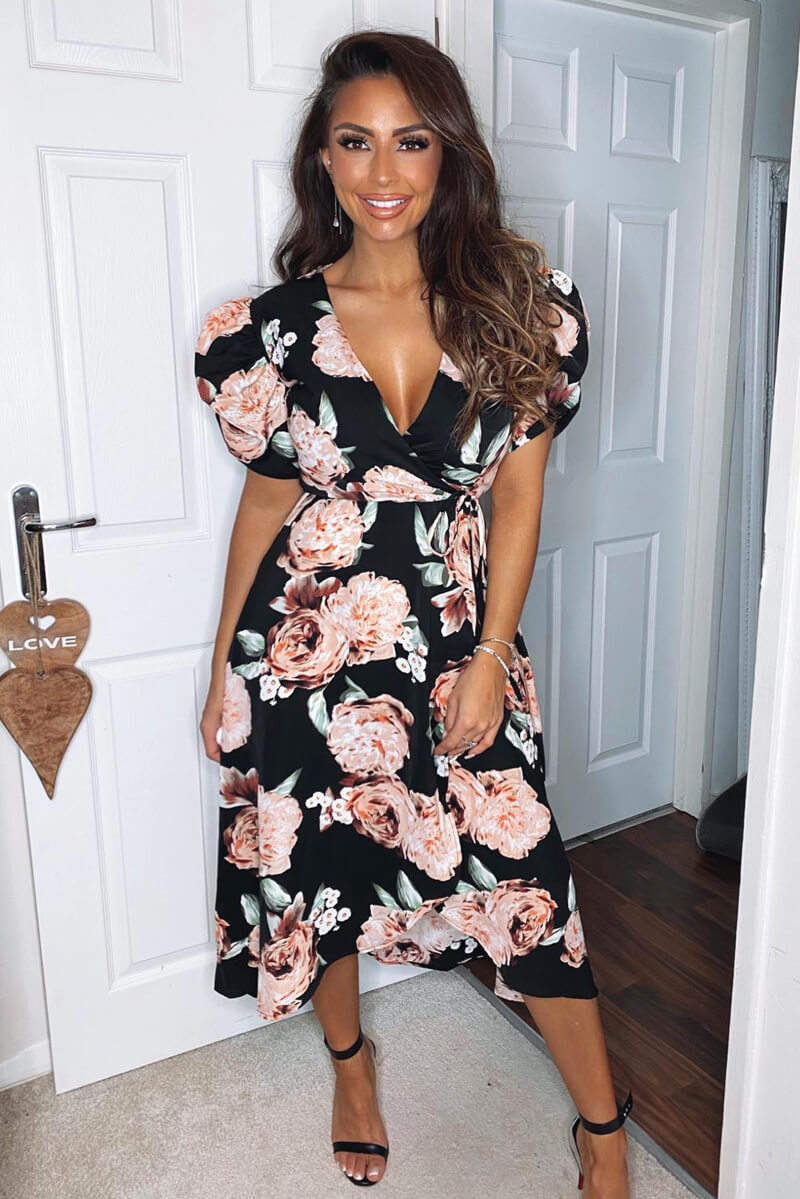 Black Rose Printed Wrap Midi Dress – AX Paris Black Rose Printed Wrap Midi Dress – AX Paris