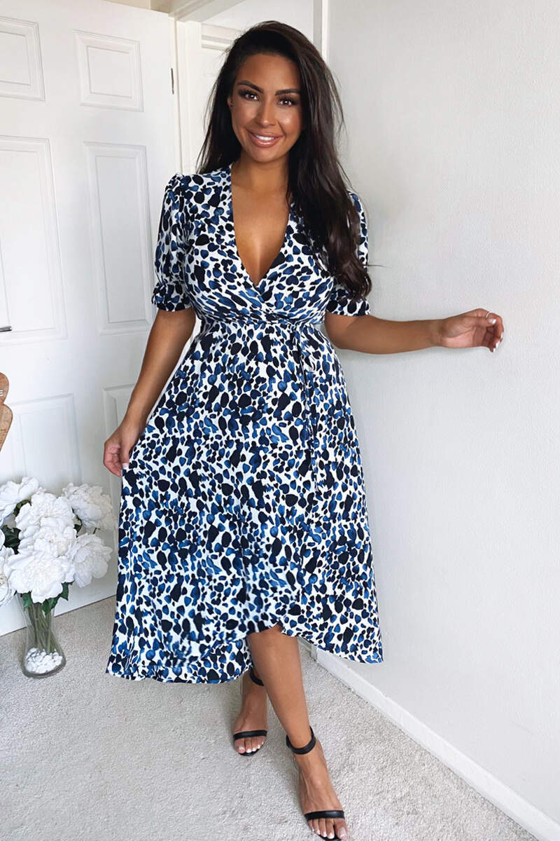 Blue Printed Wrap Tie Midi Dress AX Paris Blue Printed Wrap Tie Midi Dress AX Paris