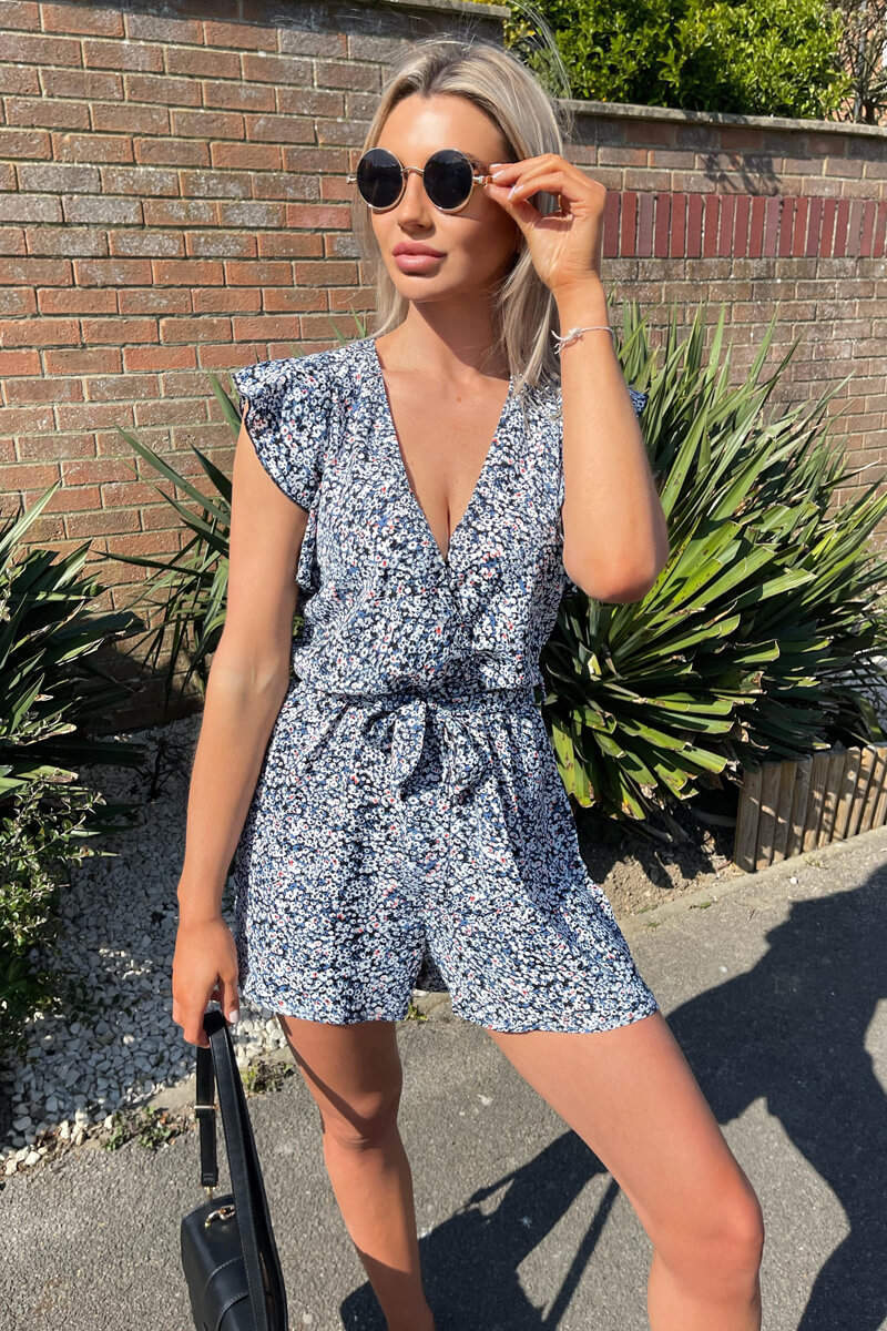Blue Printed Wrap Tie Waist Playsuit AX Paris