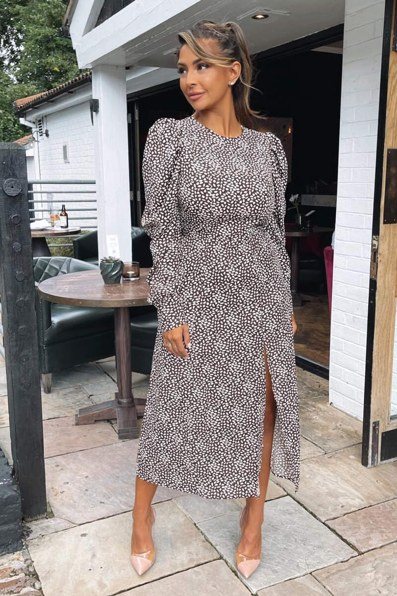 Brown Printed Long Sleeve Split Leg Midi Dress