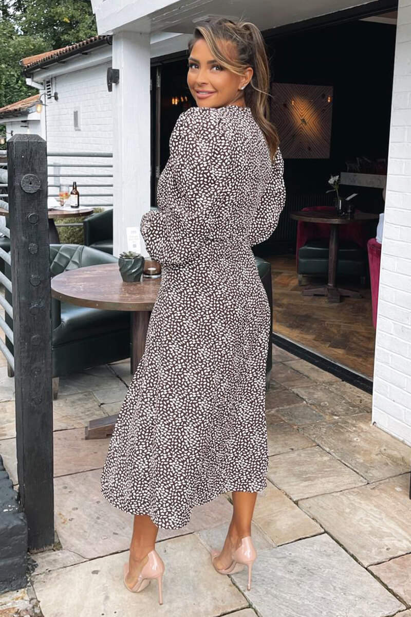 Brown Printed Long Sleeve Split Leg Midi Dress