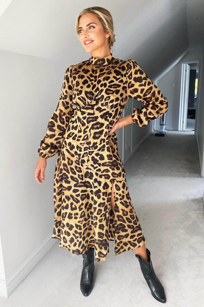 Ax Paris In Leopard Print Dress Camel Leopard Print Silky High