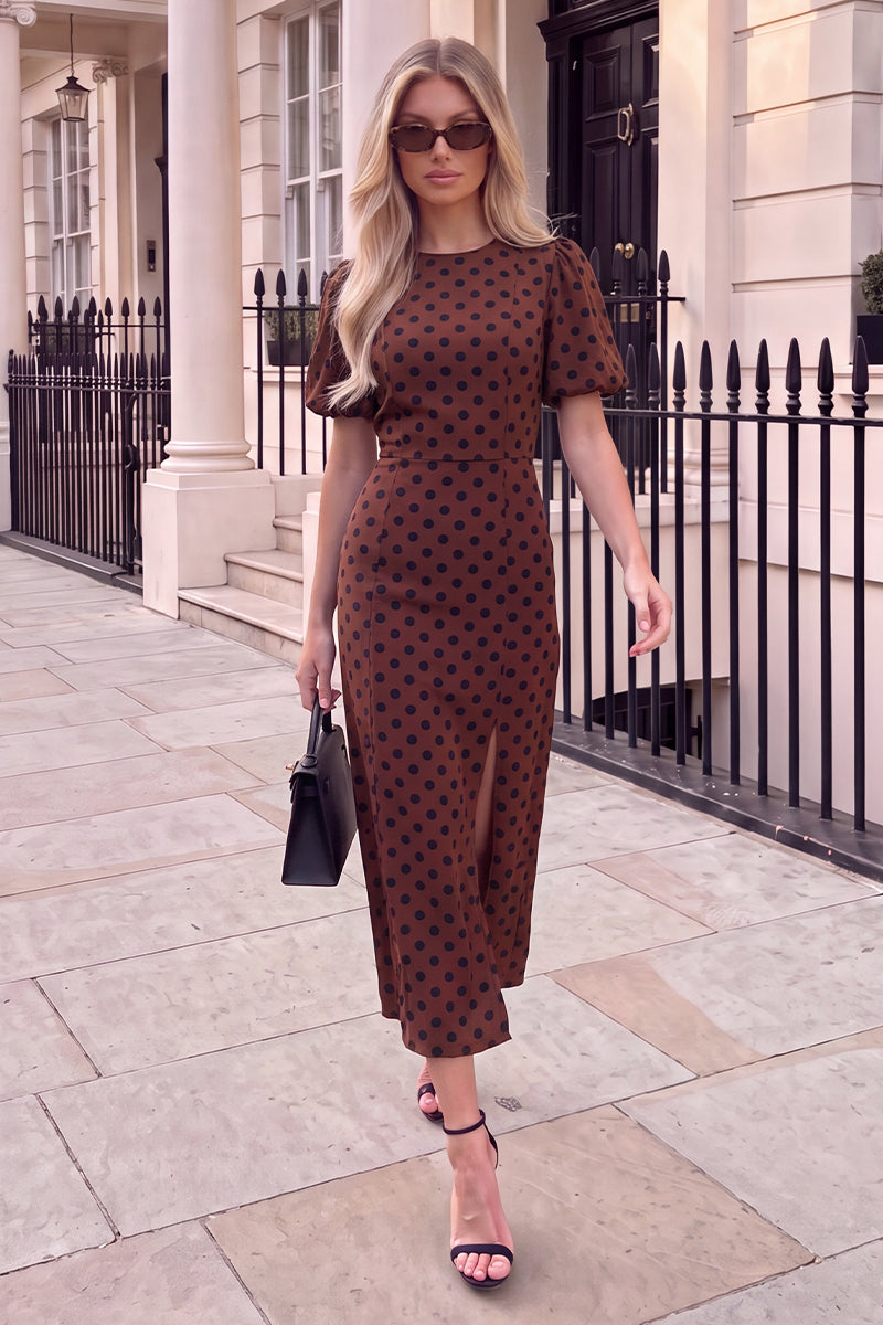 chocolate polka dot one shoulder ruffle detail pleated midi dress PrettyLittleThing | Dresses | Nwt Chocolate Polka Dot One Shoulder Ruffle Detail Pleated Midi Dress Sz 4