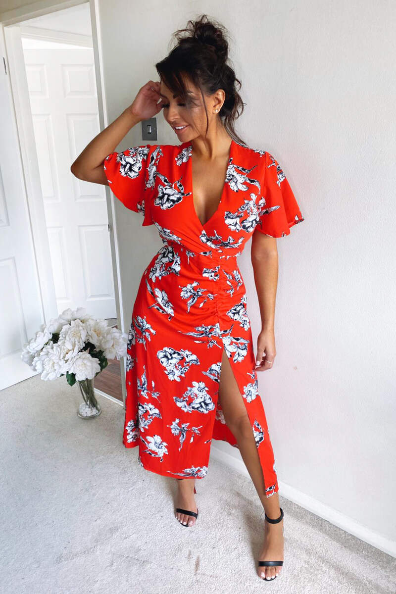 Red Floral Print Bell Sleeve Midi Dress AX Paris
