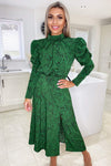 Green Animal Print Gathered Sleeve Split Midi Dress