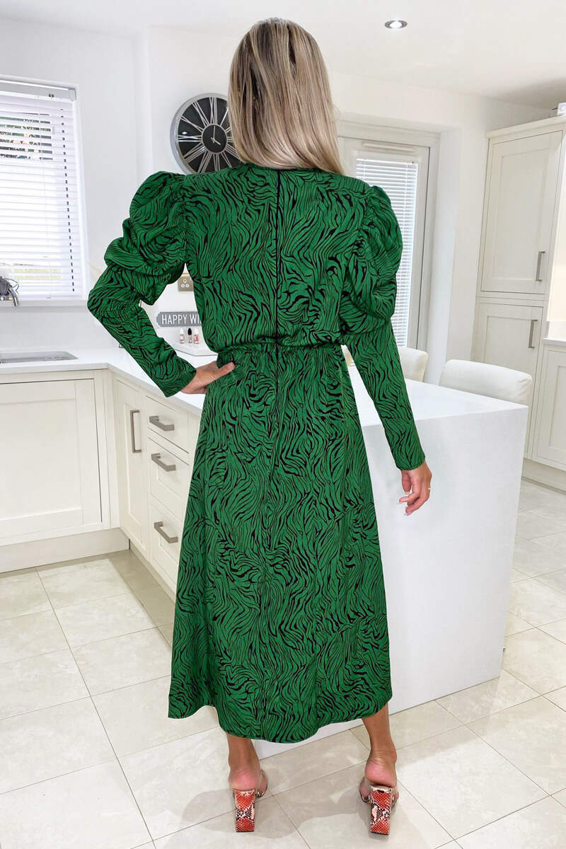 Green Animal Print Gathered Sleeve Split Midi Dress