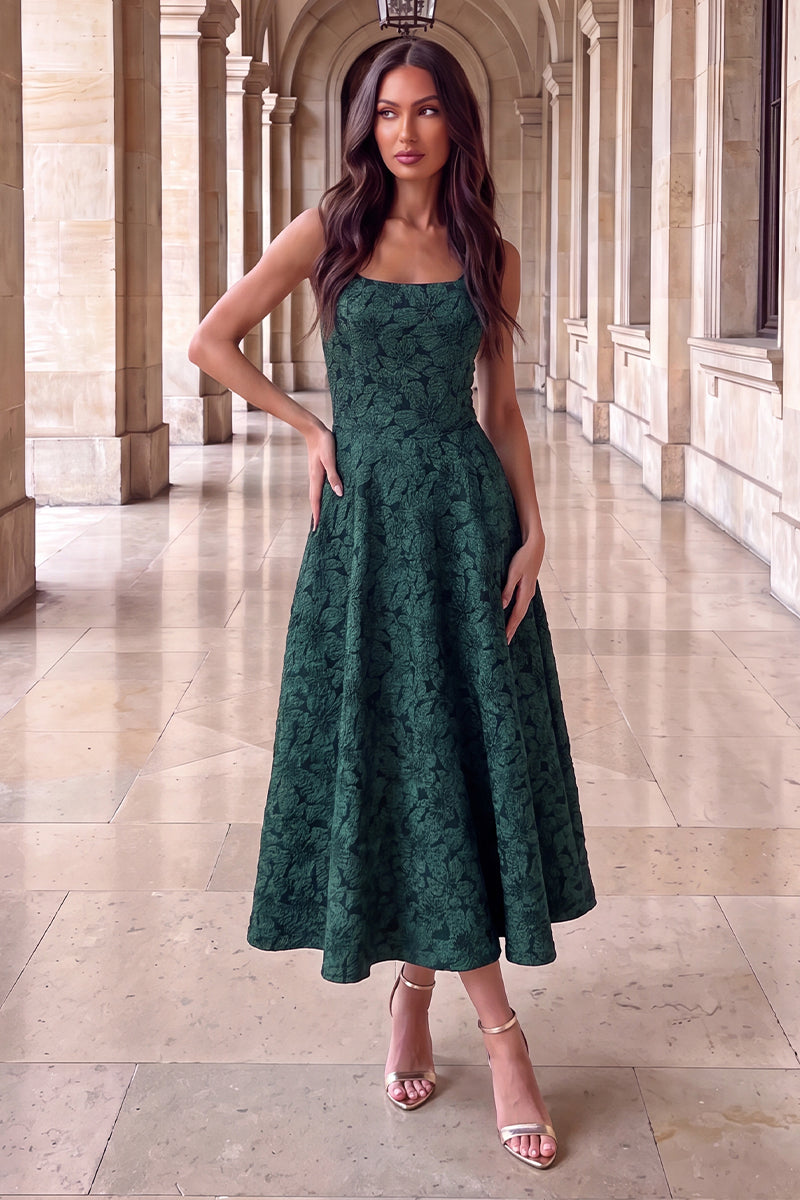square neck midi dress green Floral Jacquard A-line Holiday Party Outfits Pants size:32 upload-20250825