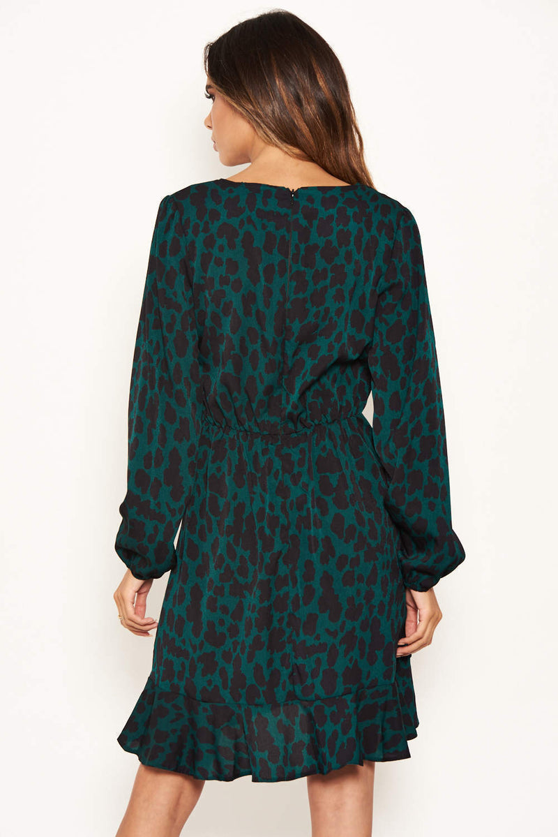 Green Leopard Print Long Sleeve Wrap Dress AX Paris Green Leopard Print Long Sleeve Wrap Dress AX Paris