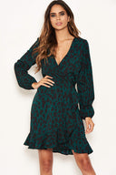 Green Leopard Print Long Sleeve Wrap Dress