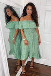 Green Printed Bardot Style Midi Dress