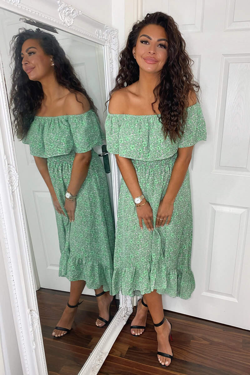 Green Printed Bardot Style Midi Dress AX Paris