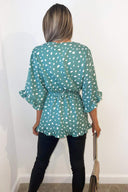 Green Printed Frill Sleeve Wrap Top