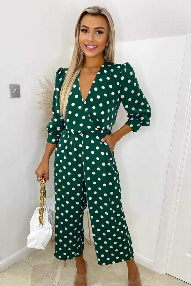 Green Spot Wrap Over Jumpsuit