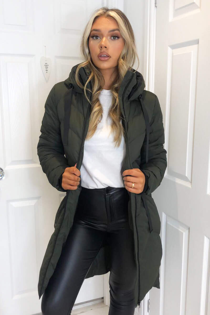Khaki Hooded Long Line Puffer Coat – AX Paris