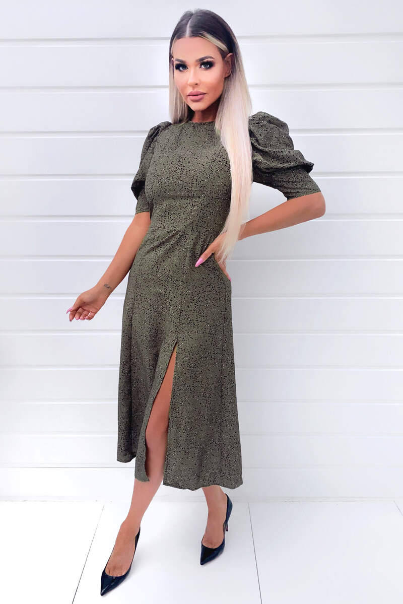 Khaki Printed Ruffle Sleeve Midi Dress