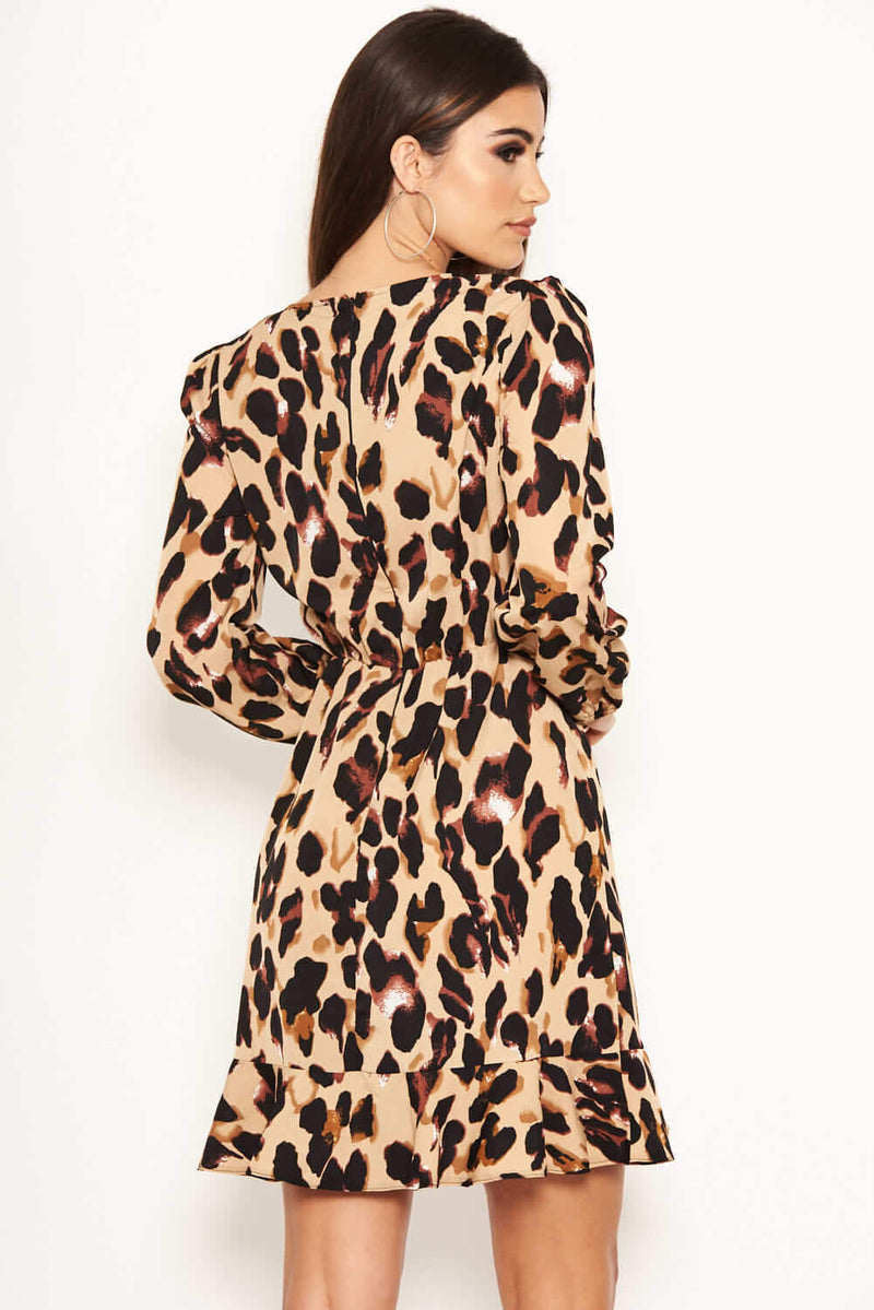 Leopard Print Frill Wrap Dress