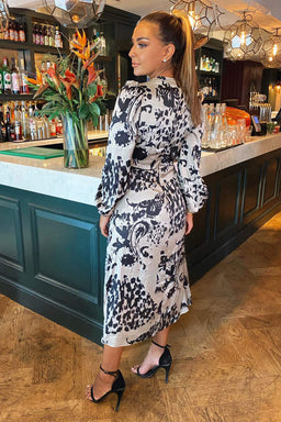 Multi Animal Print V Neck Split Leg Midi Dress