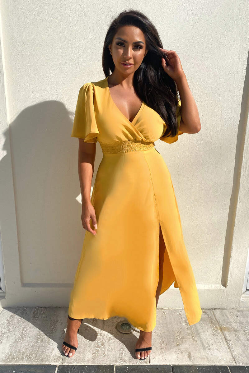Puff Sleeve Yellow Ax Paris Dress Mustard Gathered Waist Midi