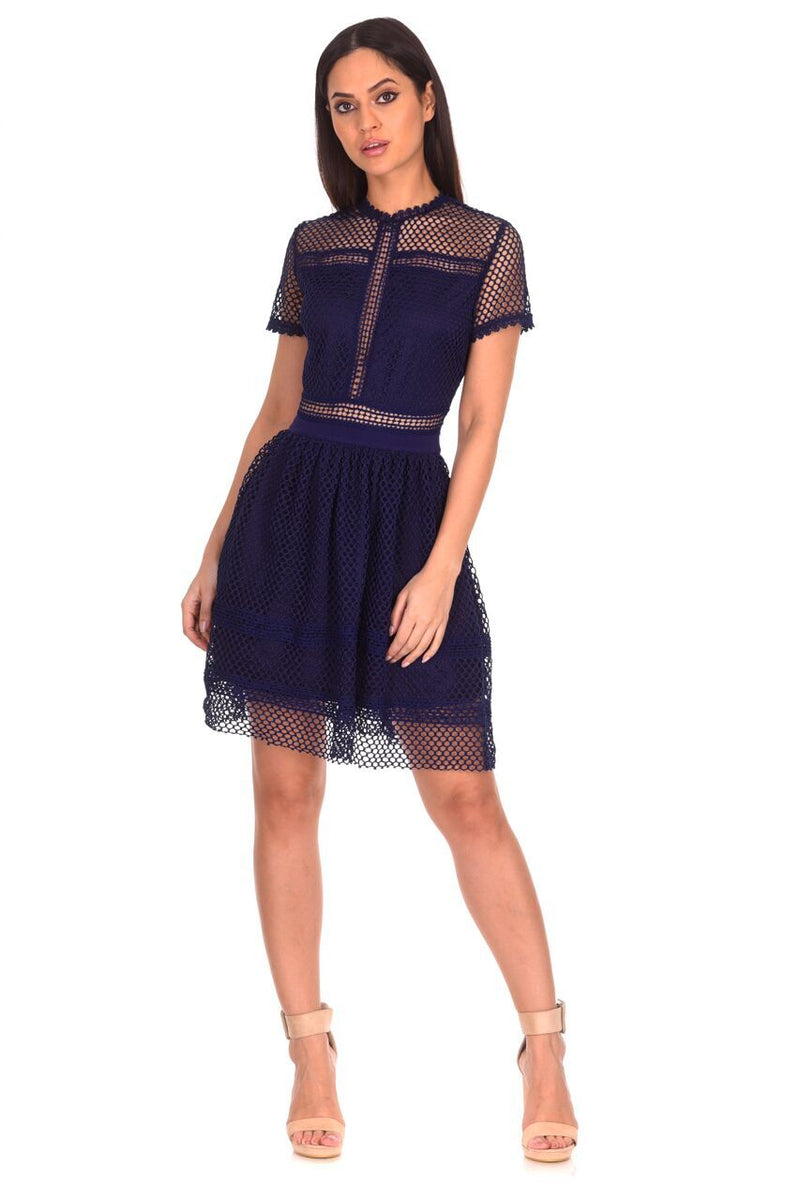 Navy Crochet Short Sleeved Dress