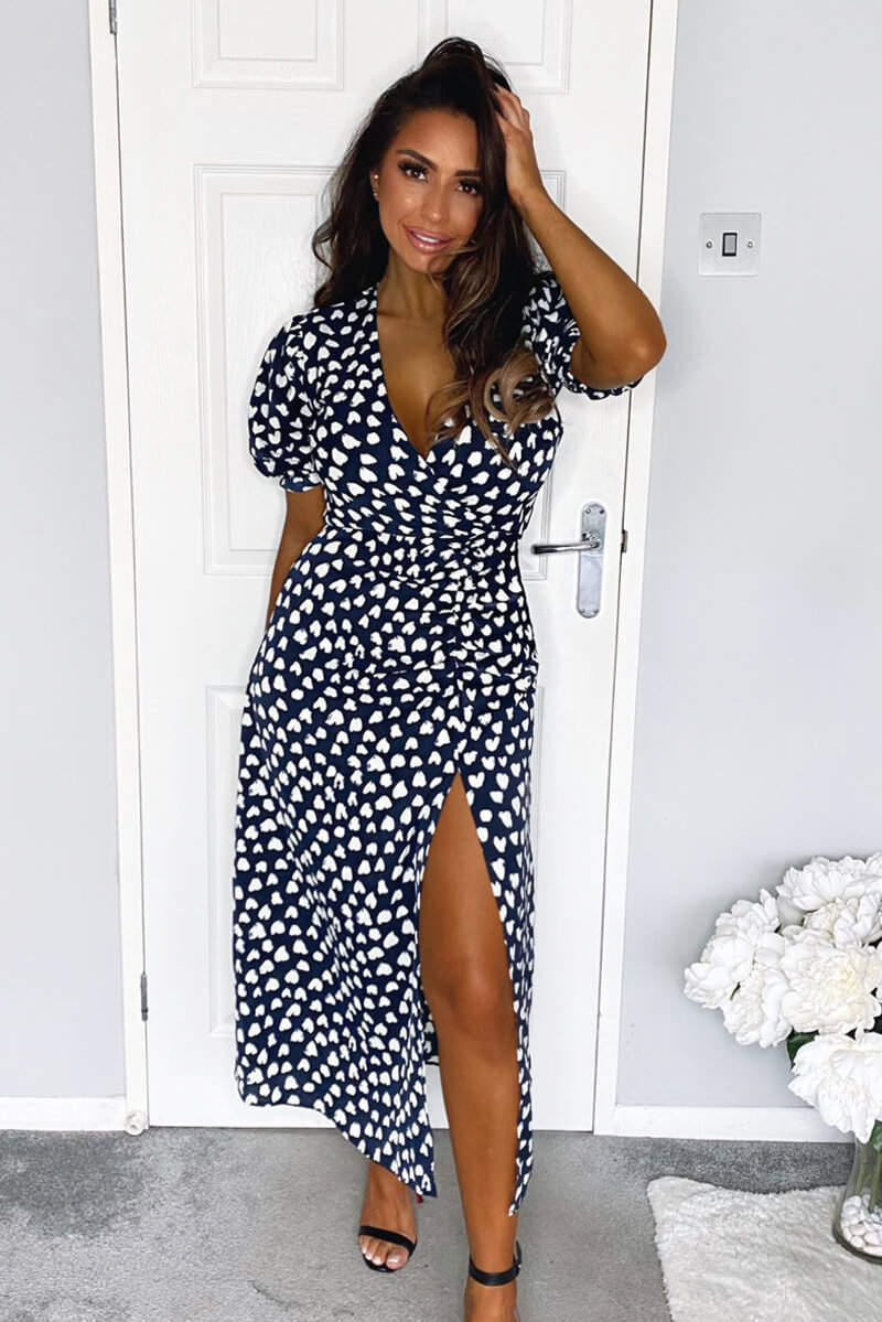 Navy Heart Print Short Sleeve Midi Dress AX Paris Navy Heart Print Short Sleeve Midi Dress AX Paris