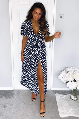 Navy Heart Print Short Sleeve Midi Dress