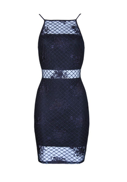 Navy Mesh Embroidered Bodycon Dress