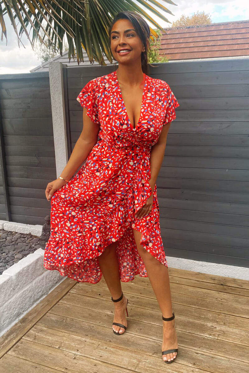 Red Abstract Print Wrap Midi Dress AX Paris Red Abstract Print Wrap Midi Dress AX Paris