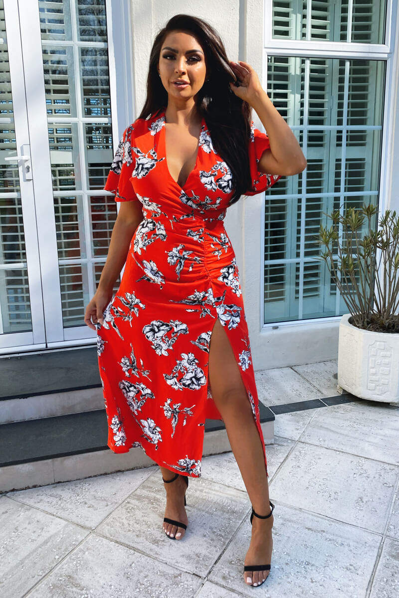 Red Floral Print Bell Sleeve Midi Dress – AX Paris