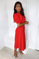 Red Polka Dot Frill Sleeve Midi Dress