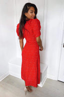 Red Polka Dot Frill Sleeve Midi Dress