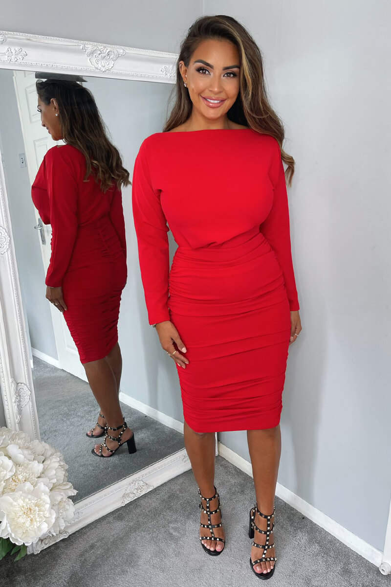 ax paris bodycon dresses Red Wide Neck Ruched Bodycon Dress – AX Paris