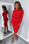 Red Wide Neck Ruched Bodycon Dress