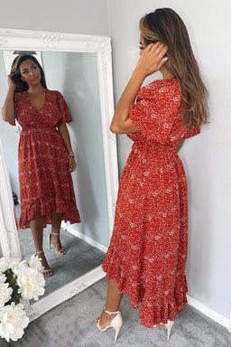 Rust Dot Printed Elasticated Waist Midi Dress