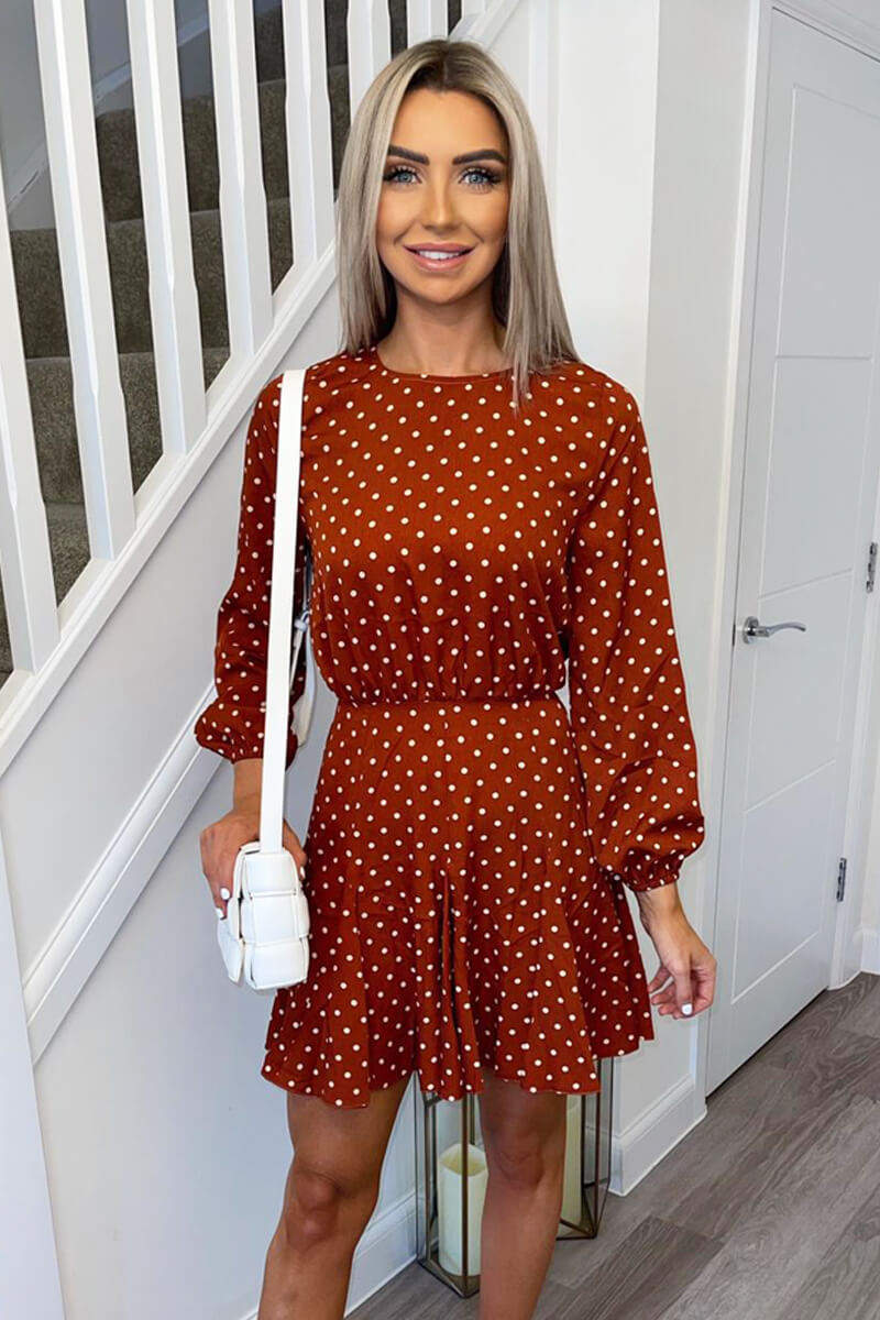 Rust Polka Dot Pleat Dress – AX Paris