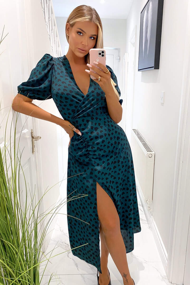 Teal Heart Printed Ruched Side Midi Dress