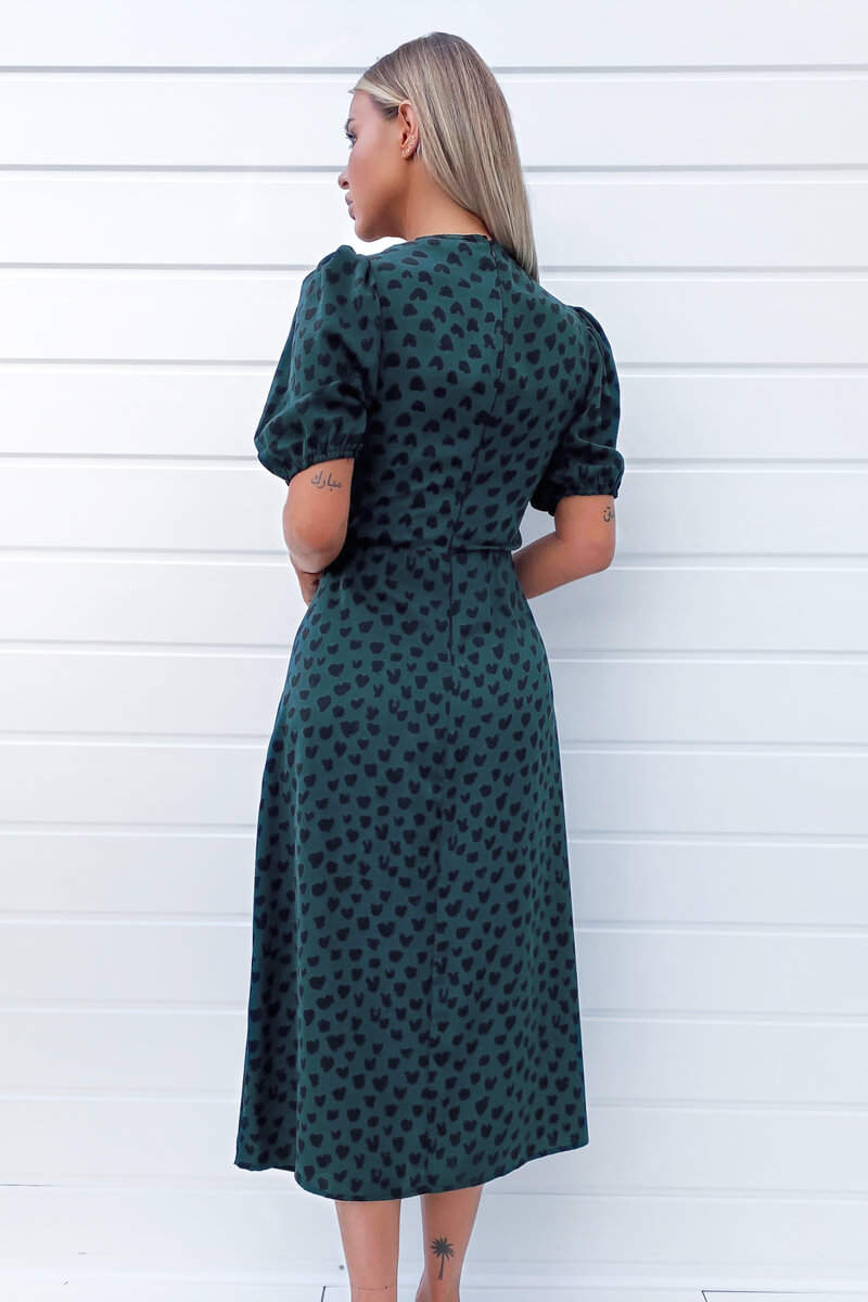 Teal Heart Printed Ruched Side Midi Dress