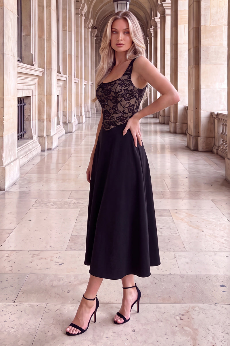 Black 2 in 1 Contrast Lace A-Line Midi Dress – AX Paris
