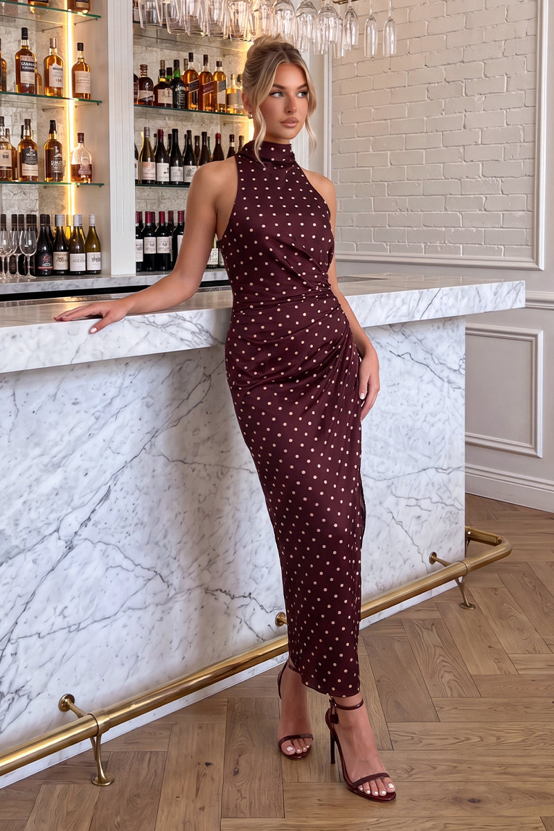 Burgundy Polka Dot Satin Ruched Midi Dress 16